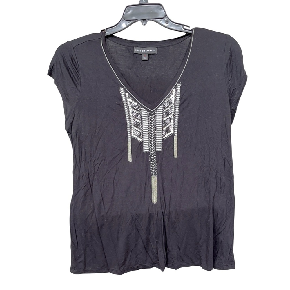 ❌TRADED❌ Rock & Republic Black V-Neck Top with Silver Accents